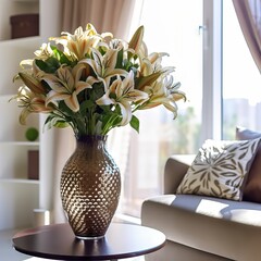 Bouquet of fresh Lilies flowers in a glass clear vase on in modern classic interior. Painted vase with beautiful white Lilies flowers by the window. Art Illustration of fresh Lilies in beautiful vase.