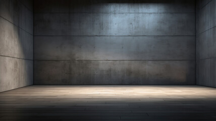 The dark room is illuminated by a beam of light and features concrete walls and floor