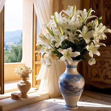 Bouquet of fresh Lilies flowers in a porcelain vase on in modern luxury interior.  Painted vase with beautiful white Lilies flowers by the window. Art Illustration of fresh Lilies in beautiful vase.