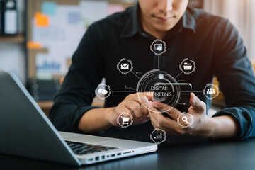 Digital marketing technology concept, Businessmen use tablet and smartphone connection technology and digital marketing.