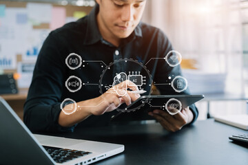 Artificial Intelligence technology. Businessman using a smartphone and laptop computer chatting with an intelligent artificial intelligence. Futuristic technology, automate Chat Bot, Smart Ai.