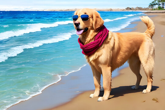 picture of a golden retriever wearing sunglasses on the beach
