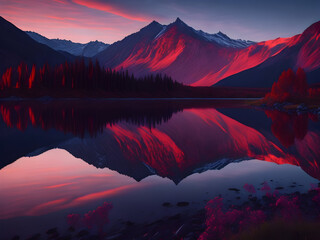 Fototapeta na wymiar a mountain range is reflected in a lake having a pink sky, generative AI