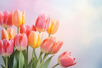 Pastel tulip flower in drops of water close-up for background.GenerativeAI.