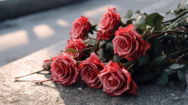 Small red roses are arranged on the concrete sidewalk