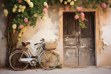 Old bicycle with flowers in front of a door vegetated with ivy.GenerativeAI.