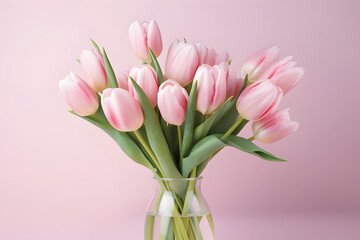 Fototapeta premium Natural bouquet of spring tulips. Pink tulips on a plain background.GenerativeAI.