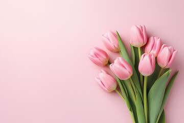 Natural bouquet of spring tulips. Pink tulips on a plain background.GenerativeAI.