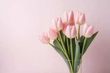 Natural bouquet of spring tulips. Pink tulips on a plain background.GenerativeAI.
