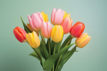 Natural bouquet of spring tulips. Colorful tulips on a plain background.GenerativeAI.