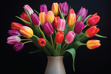 Natural bouquet of spring tulips. Colorful tulips on a plain background.GenerativeAI.