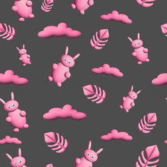 3D patterns depicting an inflatable rabbit and clouds. Design for nursery, fabric, wallpaper, packaging, invitation.