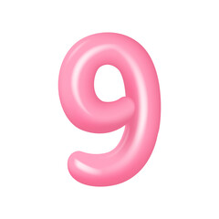 3d plastic pink numbers 9 with highlights. Realistic volume rendering figure. Vector