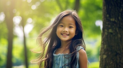 Happy Asian girl smiling in a summer garden. Closeup Portrait of a smiling Japanese kid standing in a park. Cheerful Chinese pre-teen Asian child with perfect white teeth outdoors closeup. .