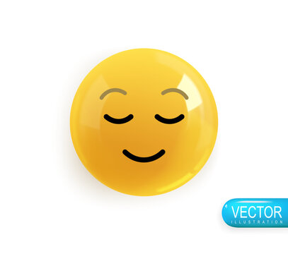 Emoji face embarrassment with a sweet smile. Realistic 3d Icon. Render of yellow glossy color emoji in plastic cartoon style isolated on white background. Vector illustration