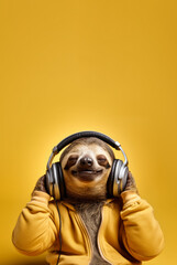 Fototapeta na wymiar Cute sloth listening to music on large headphones, enjoying music with eyes closed. Copy space above. Generative AI 