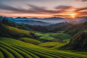 landscape of Tea plantation valley in sunset. sunrise time - obrazy, fototapety, plakaty