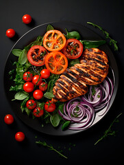 Grilled chicken fillet with salad and tomatoes on black background, top view.AI Generated 
