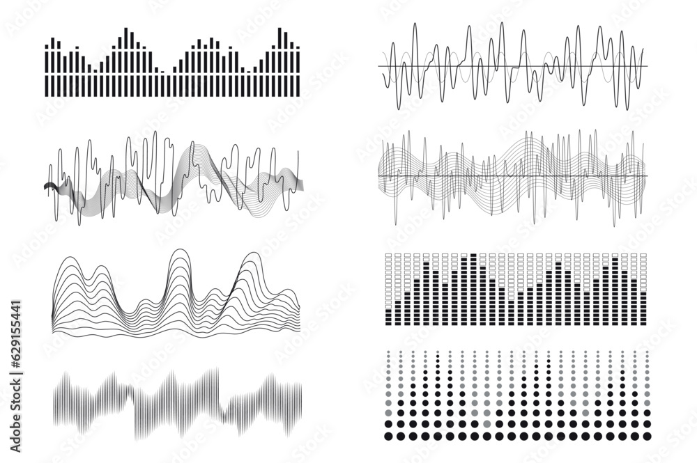 Aufkleber sound waves mega set in graphic flat design. bundle elements of curve soundwaves with different freq