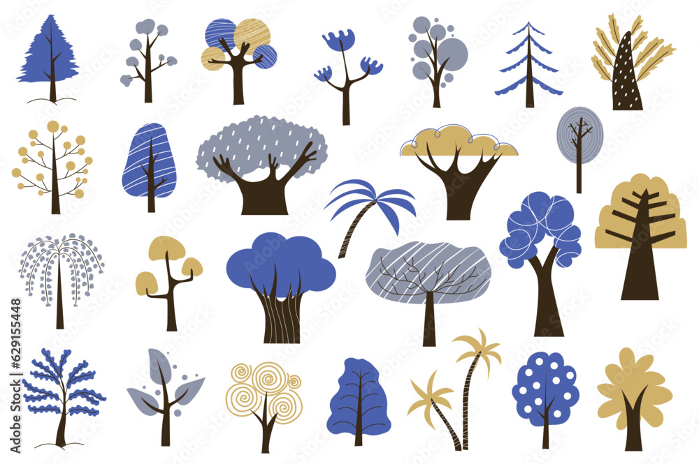 Poster abstract trees mega set in graphic flat design. bundle elements of minimal style trees with blue fol