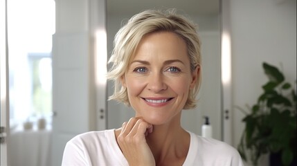 Fototapeta premium Beautiful woman looking at camera. Mature old lady close up portrait. Healthy face skin care beauty