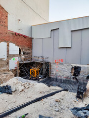 Foundation site of new building, details and reinforcements with steel bars and conctrete, nobody.