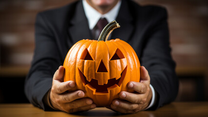 Businessman showing pumpkin on halloween day.