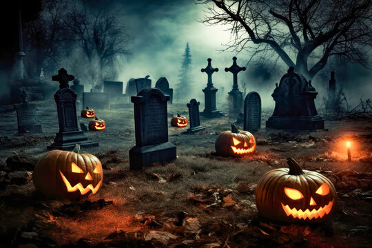 An eerie Halloween night sets the perfect backdrop, adorned with sinister pumpkins and a haunting graveyard in the mysterious darkness.