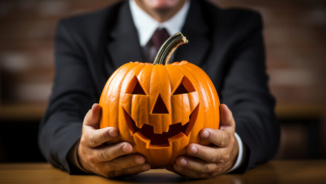 Businessman showing pumpkin on halloween day.