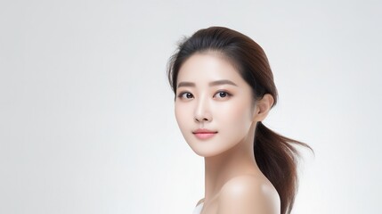 Obraz premium Face care, Facial treatment, Cosmetology, beauty and spa, beautiful young asian woman with clean fresh skin on beige background