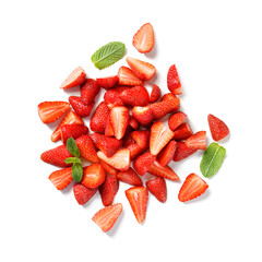 Cut strawberry pieces isolated on white background . Chopped strawberry close up. top view