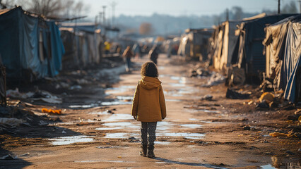 Refugee camp child with slum camp background.