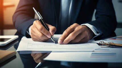 close up of a person signing a contract, Businessman working on documents on the desk, data analysis of financial figures and business investments, generative ai