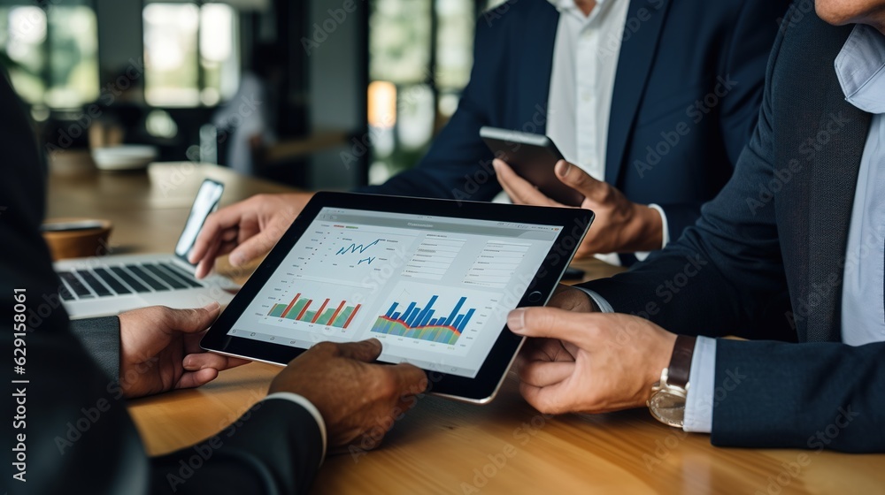 Poster coworkers in a business partnership write cost work progress and use a tablet to analyze graph compa
