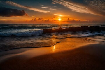 Obraz premium Dramatic ocean waves crash onto the wet sand during a fiery sunset over the dark horizon.