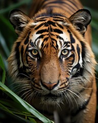 Naklejka premium The tiger's face in close-up with a blurry background. (Generative AI)