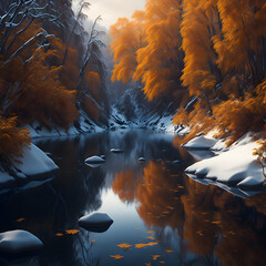 autumn dawn in tranquil forest with serene lake reflection and vibrant nature colors, generative AI
