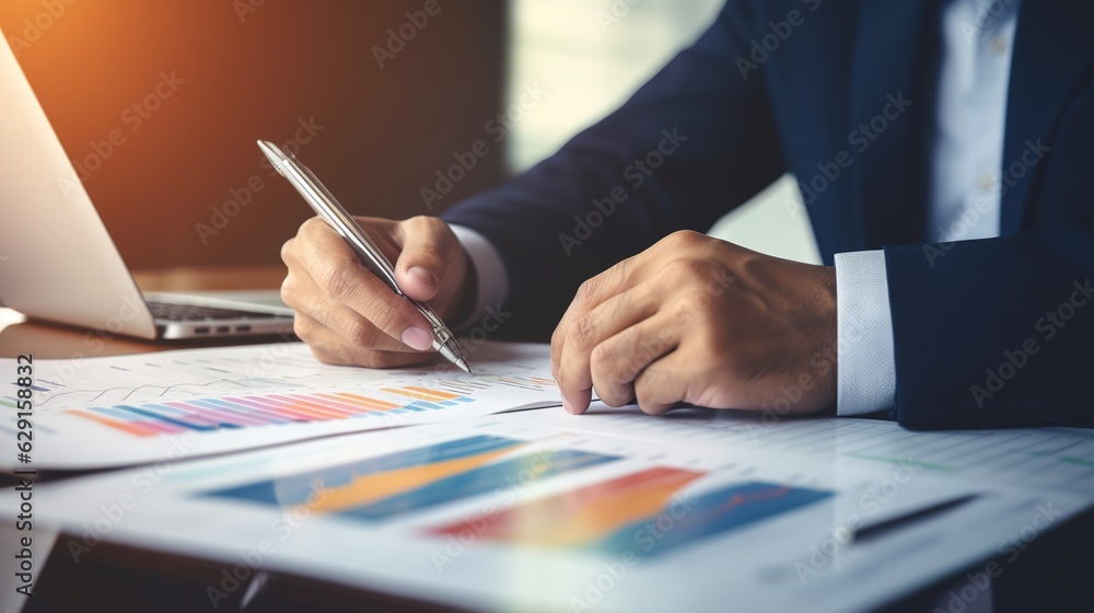 Poster business people working with calculator to calculate financial figures and analyzing sales data on e