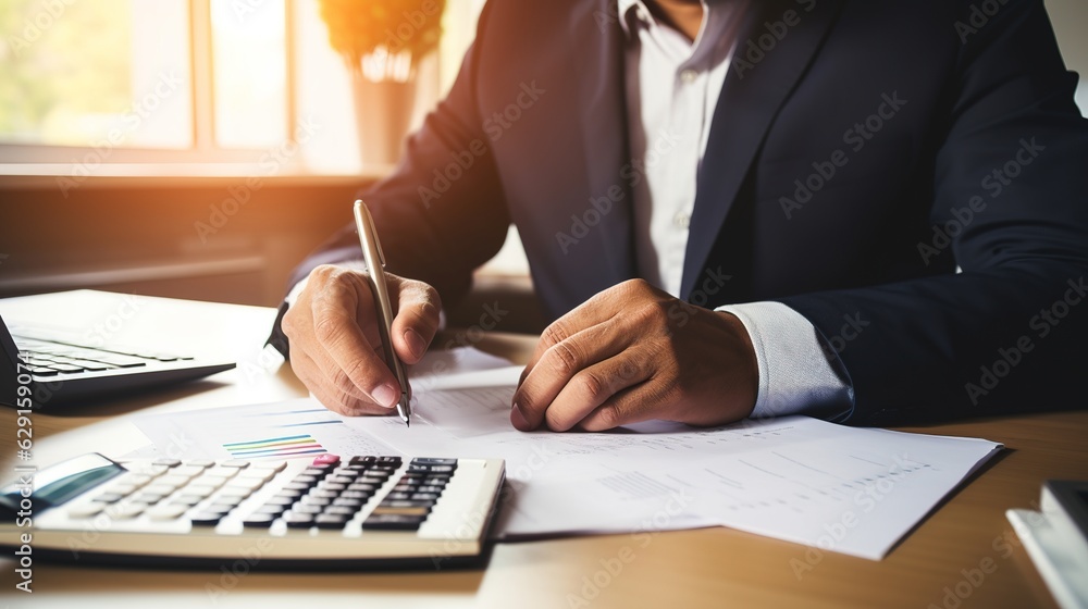 Poster a businessman is working on a laptop, and a financial adviser is studying financial numbers to indic