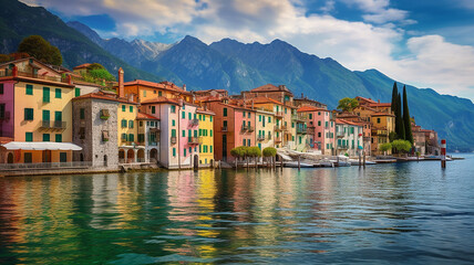 A highly realistic coastal town nestled between majestic mountains and sparkling waters, with charming houses lining the waterfront