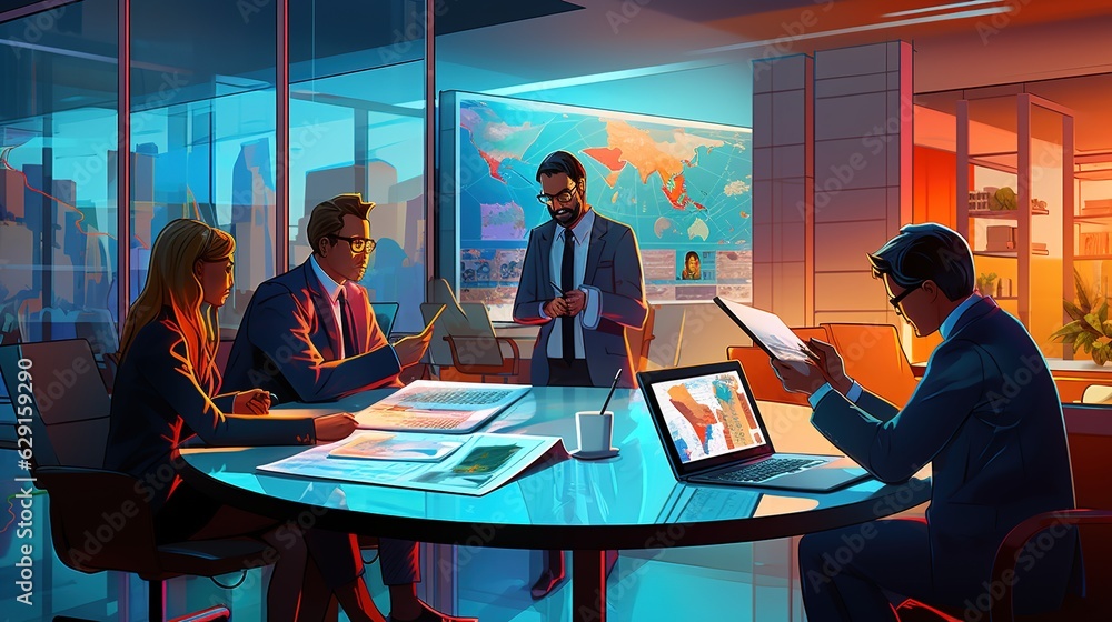 Poster team process, business adviser analyzing financial figures denoting the progress in the work of the 
