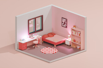 3D render low poly of modern bedroom with glowing lamps and pink color, isometric view