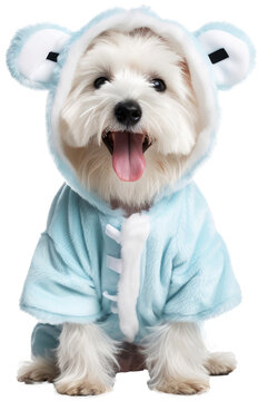 Highland terrier dog wearing a cute and fluffy blue costume isolated on white background as transparent PNG