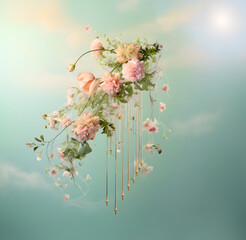 Pink cherry blossom on a branch with elegant decoration for engagement, marriage and celebrations on pastel background.  