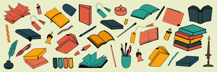 Icon set of colorful books, pens, pencils. Vector illustration. Learn and study. With open book object, closed book. Education and knowledge.