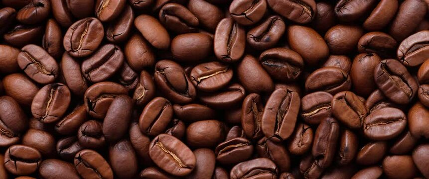 Anamorphic video roasted coffee bean. Fragrant coffee beans scrolls slowly around the camera. Slow Motion Close Up of Whole Roasted Coffee Beans. High angle view.