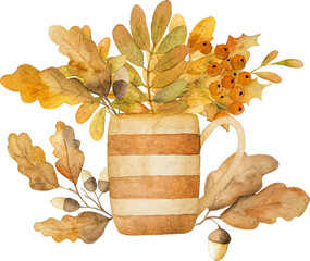 Autumn kettle cartoon house with oak leaves, mushrooms and acorns watercolor painting. Fall teapot...