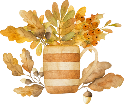 Autumn kettle cartoon house with oak leaves, mushrooms and acorns watercolor painting. Fall teapot home with foliage decoration