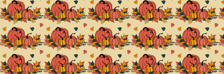 Seamless pattern of yellow and orange pumpkins on a background of leaves. Bright vector illustration