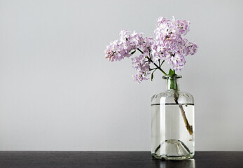 Glass bottle with lilac branch. Copy space for your text.
